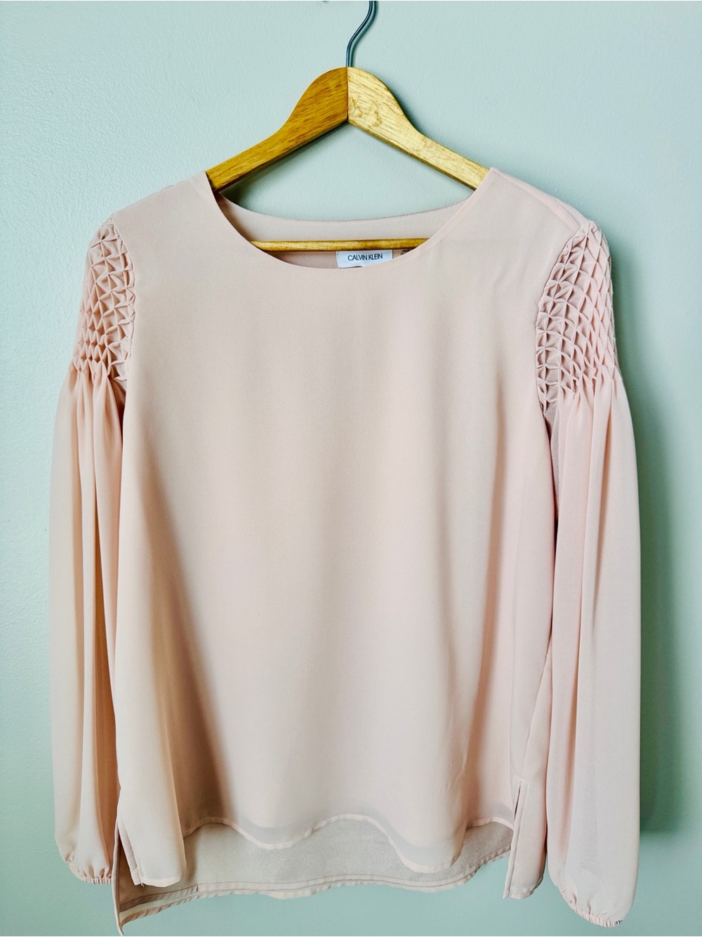 Calvin Klein Soft Blush Pink Smocked-Sleeve Chiffon Blouse